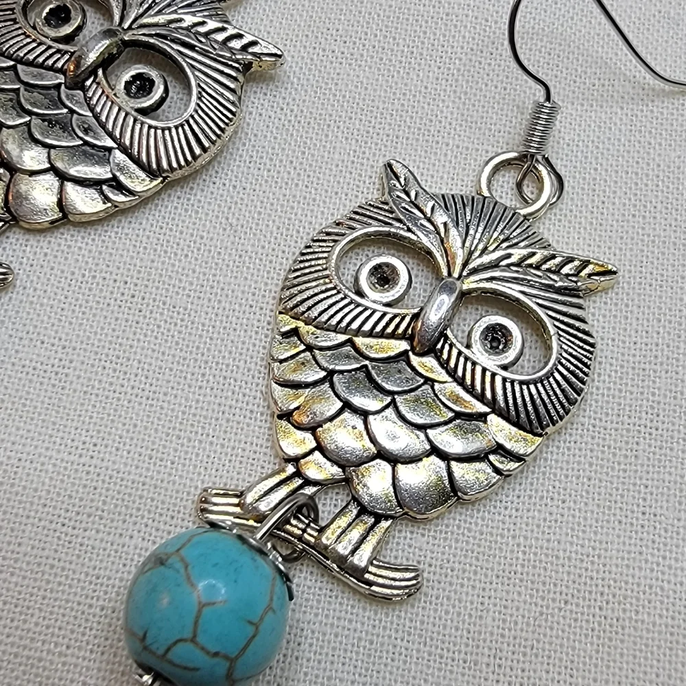 Turquoise Owl Earrings Silver Tone